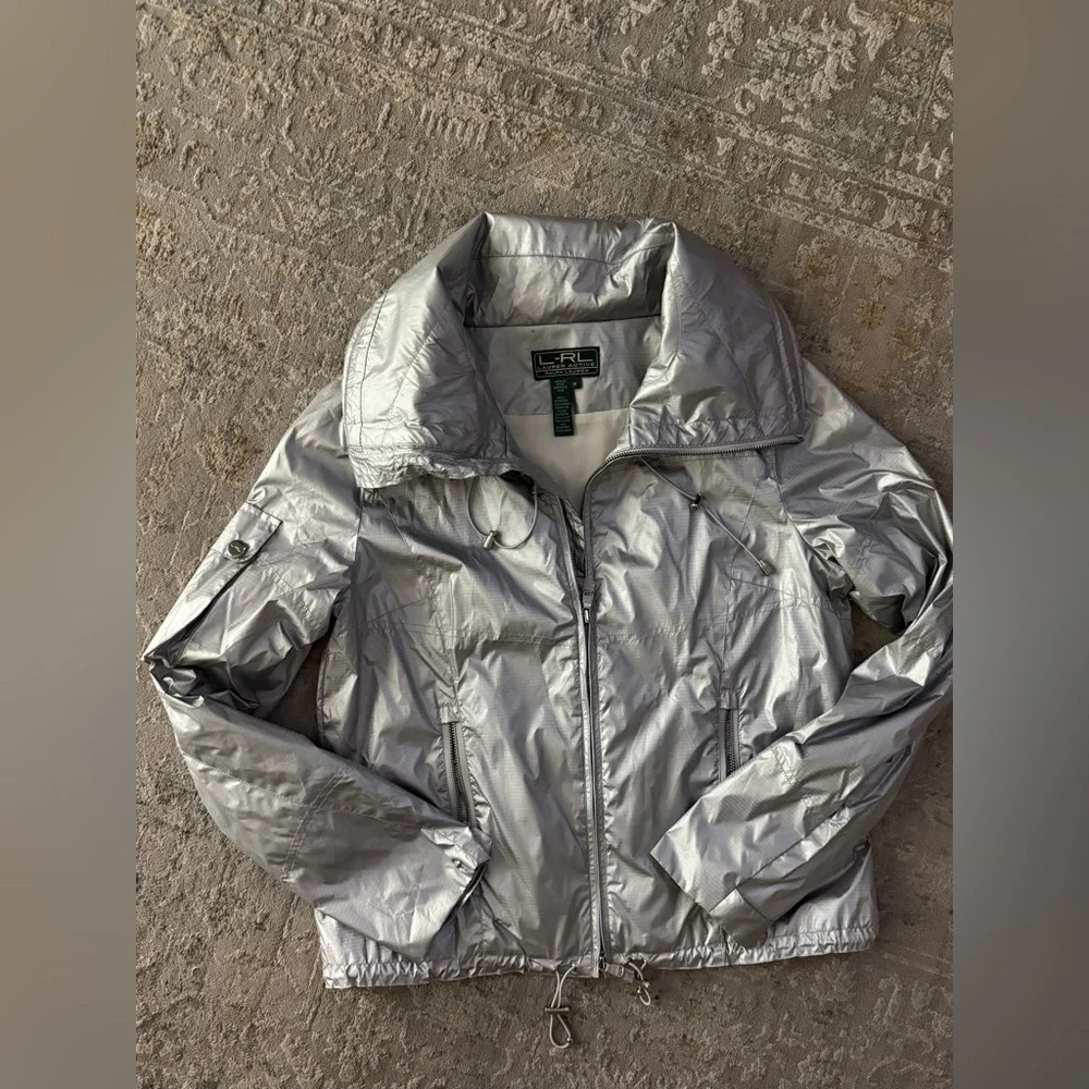 Ralph Lauren Women M Silver Foil Metallic Hooded Jacket Windbreaker Lightweight - Picture 2 of 8